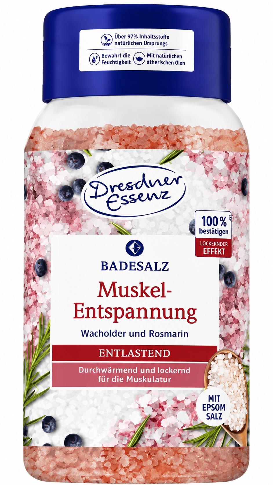 Epsomsalt  og de eteriske oljene fra Einebær og Rosmarin myker opp stive og støle muskler/ledd og virker avspennende etter trening, sport og fysiske utfordringer. Mykgjørende og hudvennlig uten SLS, parabener og mineraloljer. Made in Germany. 600 gr.