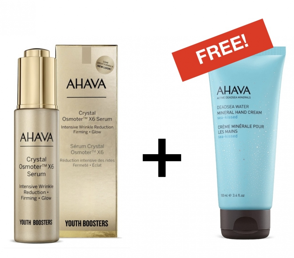 Tilbudspakke med 2 bestselgere: AHAVA Crystal Osmoter Facial Serum og gratis fullsize AHAVA Sea Kissed Hand Cream følger med. Produkter uten sulfat(SLS/SLES), mineralolje, parabener, alkohol og syntetisk parfyme. Vegan og ikke testet på dyr. 30ml+100ml