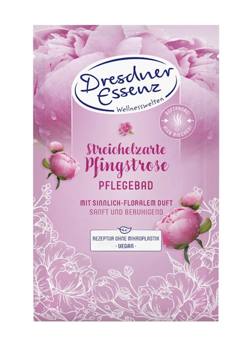 Rosa fargebad med skum, svale blomsterdufter, jojobaolje og solsikkeolje som virker avslappende og beroligende. Et mykgjørende og fuktighetsgivende bad uten SLS/SLES, parabener, PEG og mineraloljer. Made in Germany.