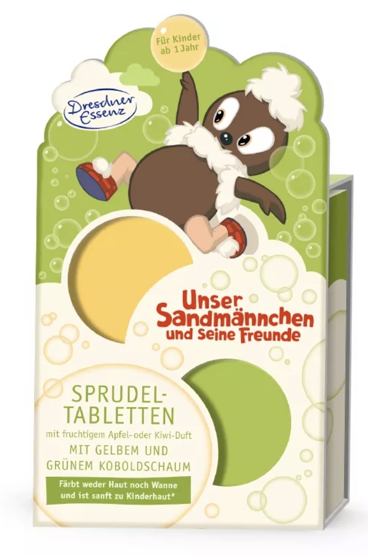 Gøy å bade med badebomber som gir skum og henholdsvis gul og grønn farge. De dufter forfriskende av kiwi og epler. Spesielt tilpasset den sarte barnehuden med mandelolje. Dermatologisk godkjent for barn over 1 år. Pakke med 2 stk badebomber.